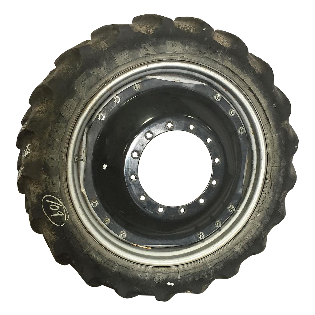 320/85R38 Goodyear Farm DT800 Super Traction R-1W on Case IH Silver Mist/Black 12-Hole Waffle Wheel (Groups of 3 bolts) 50%