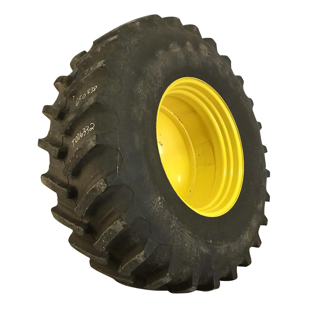 650/85R38 Firestone Radial Deep Tread 23 R-1W on John Deere Yellow 10-Hole Dolly Dual 85%