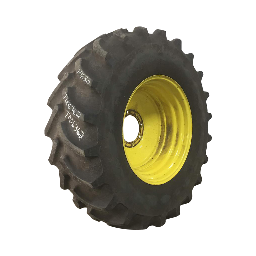 480/70R30 Firestone Radial All Traction DT R-1W on John Deere Yellow 8-Hole Formed Plate 90%