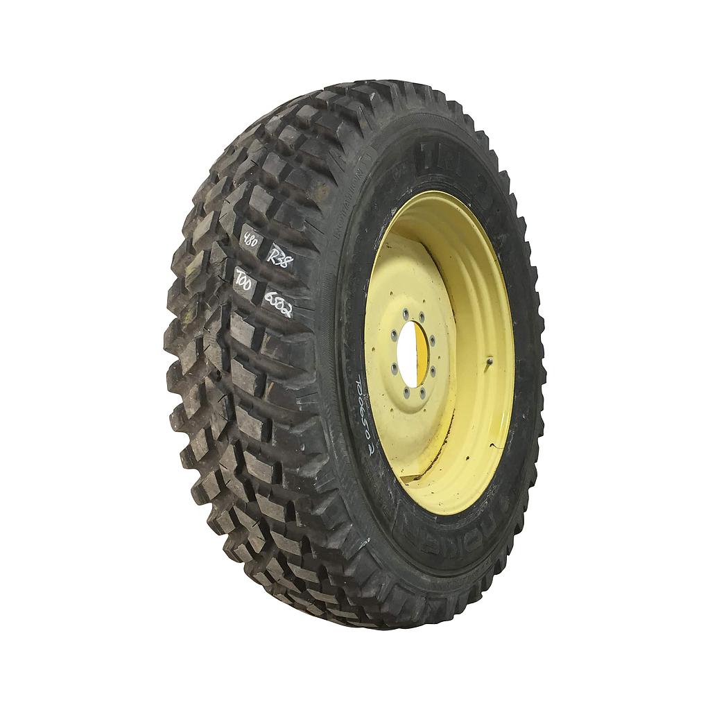 480/80R38 Nokian TRI 2 R-1 on John Deere Yellow 8-Hole Formed Plate W/Weight Holes 90%