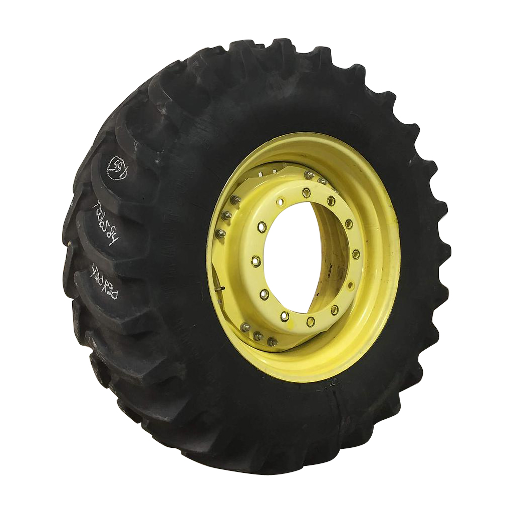 420/90R30 Firestone Radial All Traction FWD R-1 on John Deere Yellow 12-Hole Waffle Wheel (Groups of 3 bolts) 75%