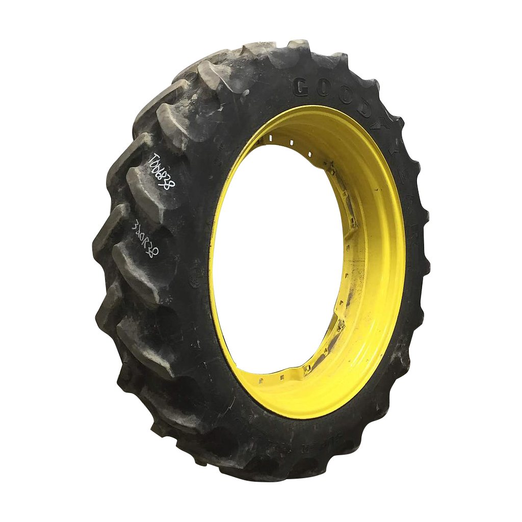 320/85R38 Goodyear Farm DT800 Super Traction R-1W on John Deere Yellow 12-Hole Waffle Wheel (Groups of 3 bolts) 50%