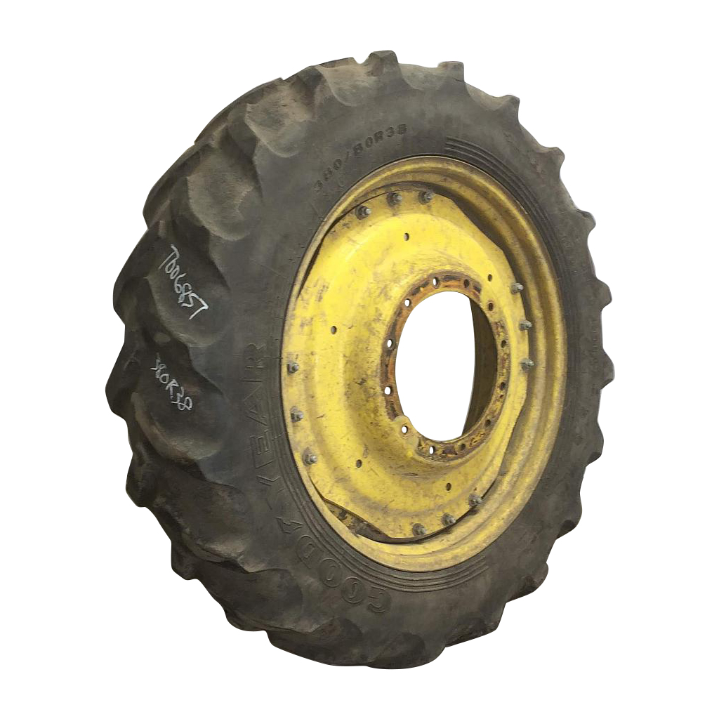 380/80R38 Goodyear Farm DT800 Super Traction R-1W on John Deere Yellow 12-Hole Waffle Wheel (Groups of 3 bolts) 40%