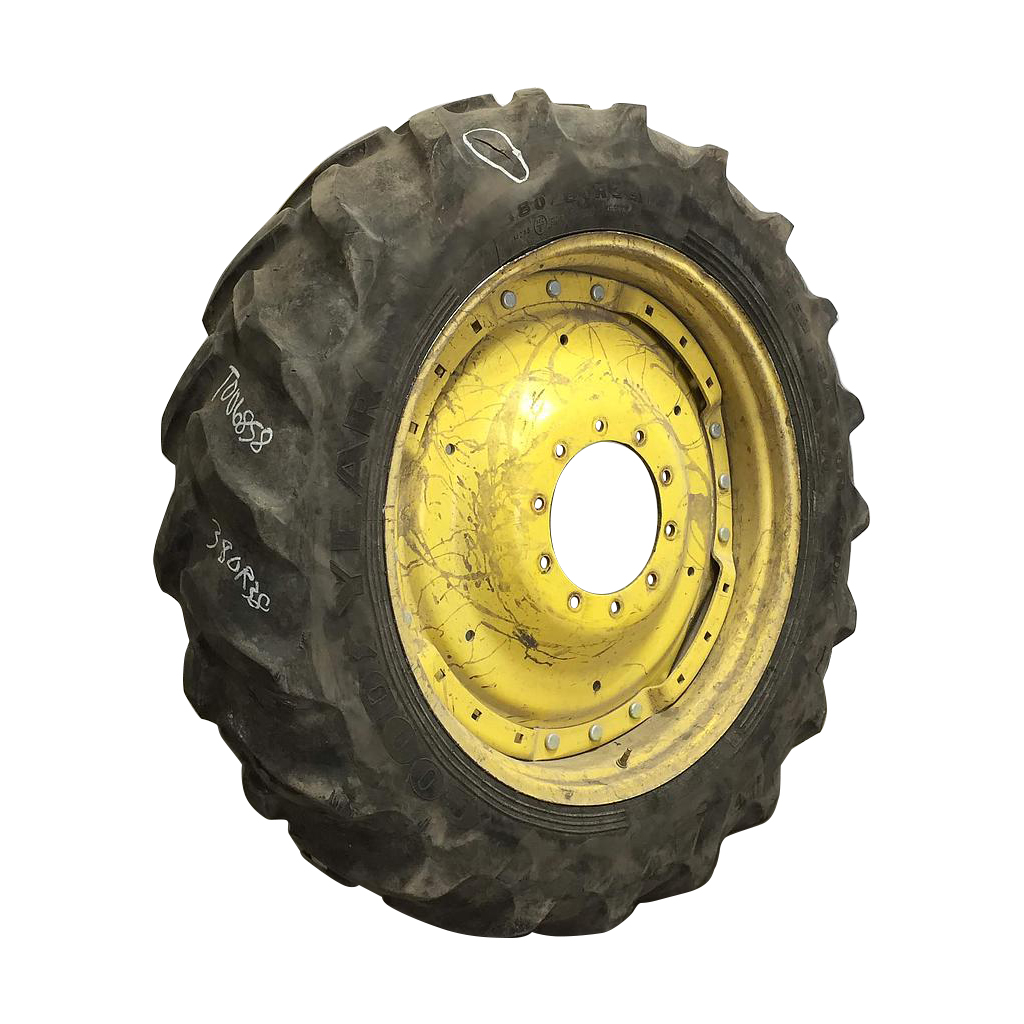 380/80R38 Goodyear Farm DT800 Super Traction R-1W on John Deere Yellow 10-Hole Waffle Wheel (Groups of 3 bolts) 40%