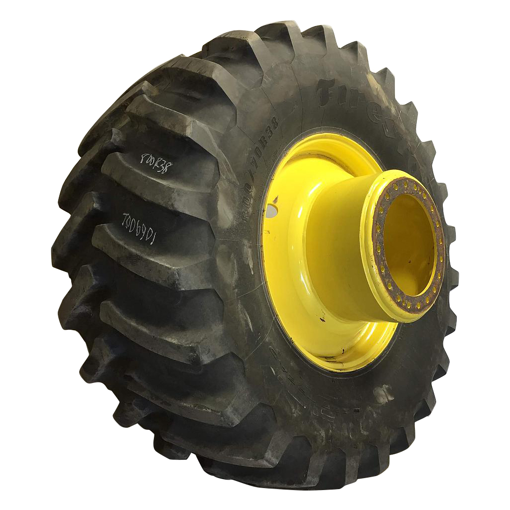 800/70R38 Firestone Radial Deep Tread 23 R-1W on John Deere Yellow 20-Hole Straddle Dual 85%