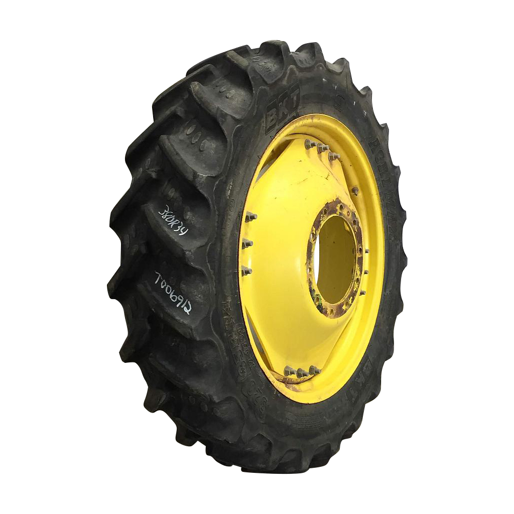 320/85R34 BKT Tires Agrimax RT 855 R-1W on John Deere Yellow 10-Hole Waffle Wheel (Groups of 3 bolts) 70%