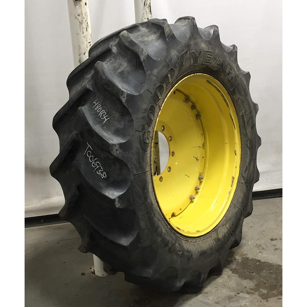 480/70R34 Goodyear Farm DT810 Super Traction R-1W on John Deere Yellow 10-Hole Waffle Wheel (Groups of 3 bolts) 65%