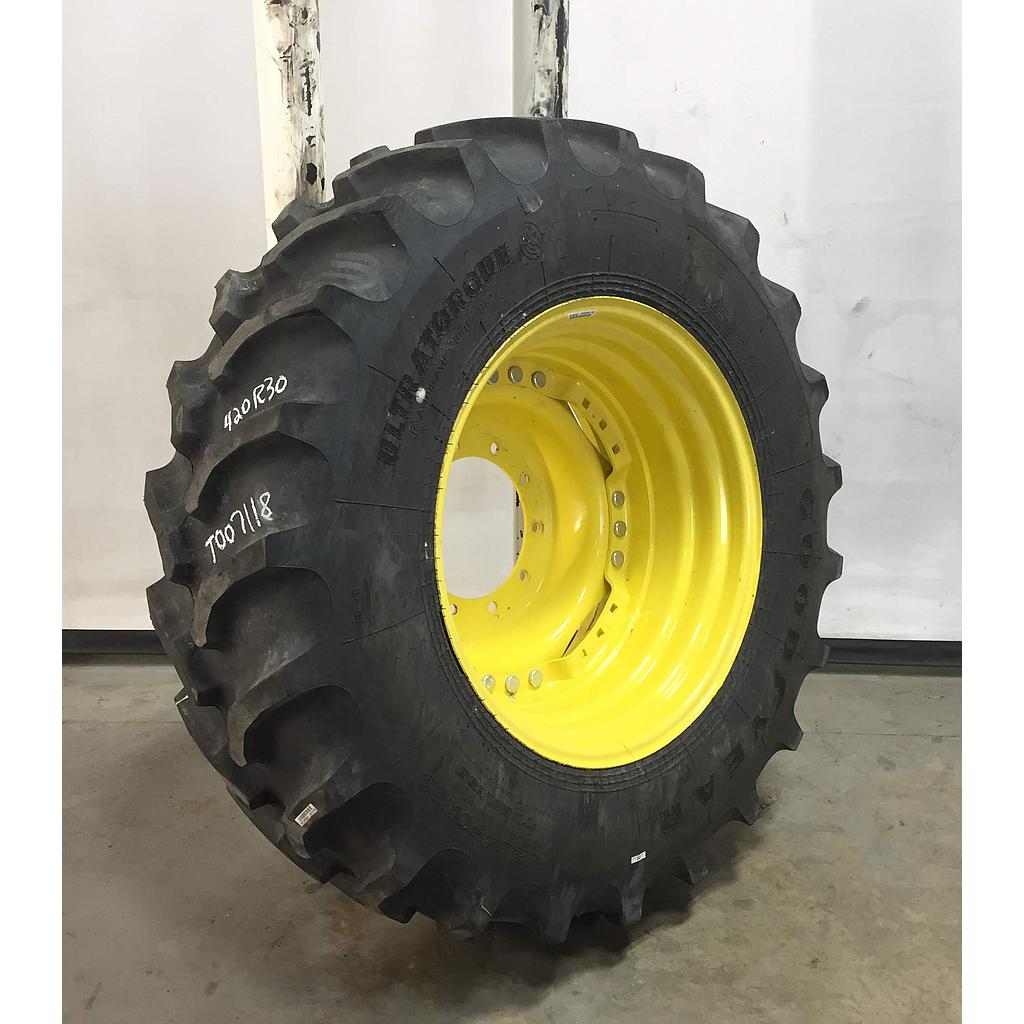 420/90R30 Goodyear Farm UltraTorque Radial R-1 on John Deere Yellow 10-Hole Waffle Wheel (Groups of 3 bolts) 80%