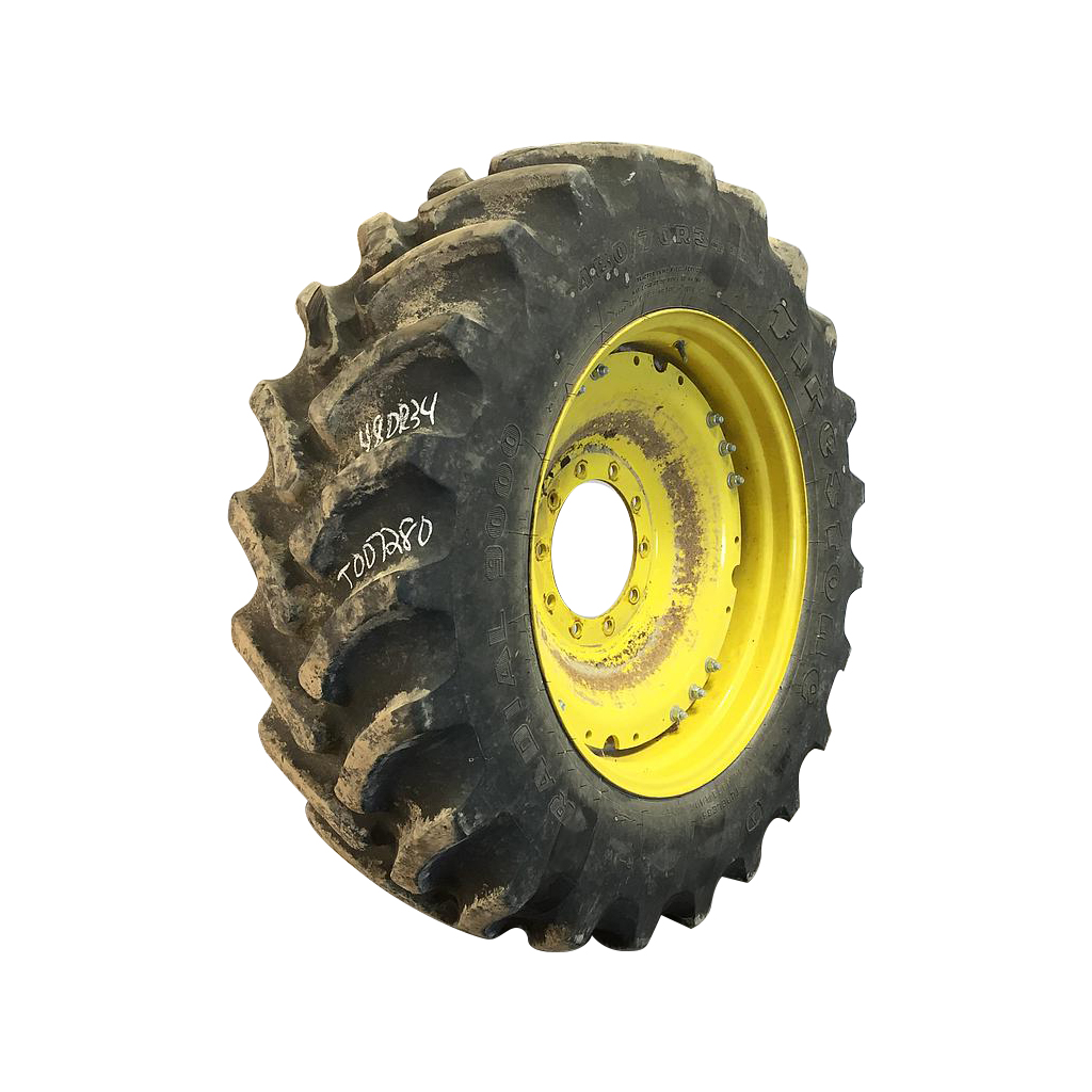 480/70R34 Firestone Radial 9000 R-1W on John Deere Yellow 10-Hole Waffle Wheel (Groups of 3 bolts) 85%