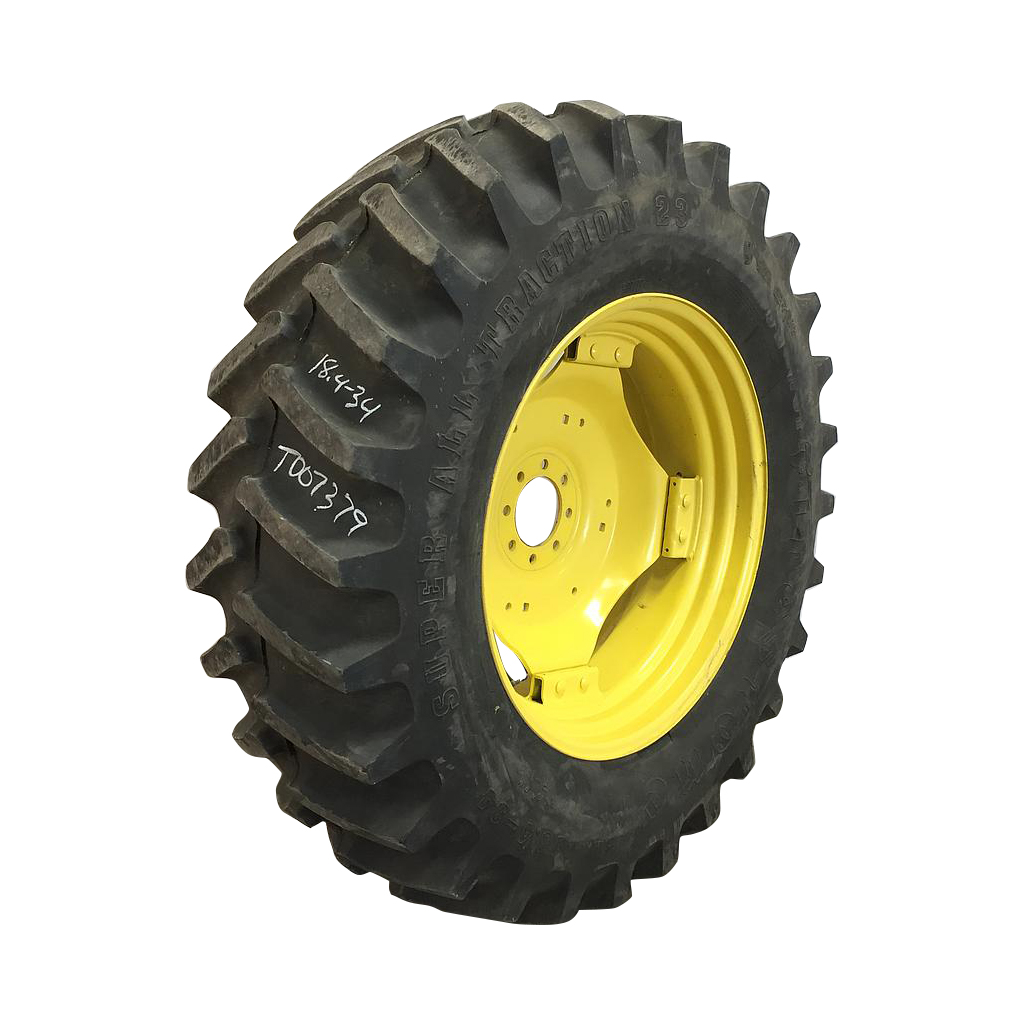 18.4/-34 Firestone Super All Traction 23 R-1 on John Deere Yellow 8-Hole Rim with Clamp/U-Clamp (groups of 2 bolts) 95%