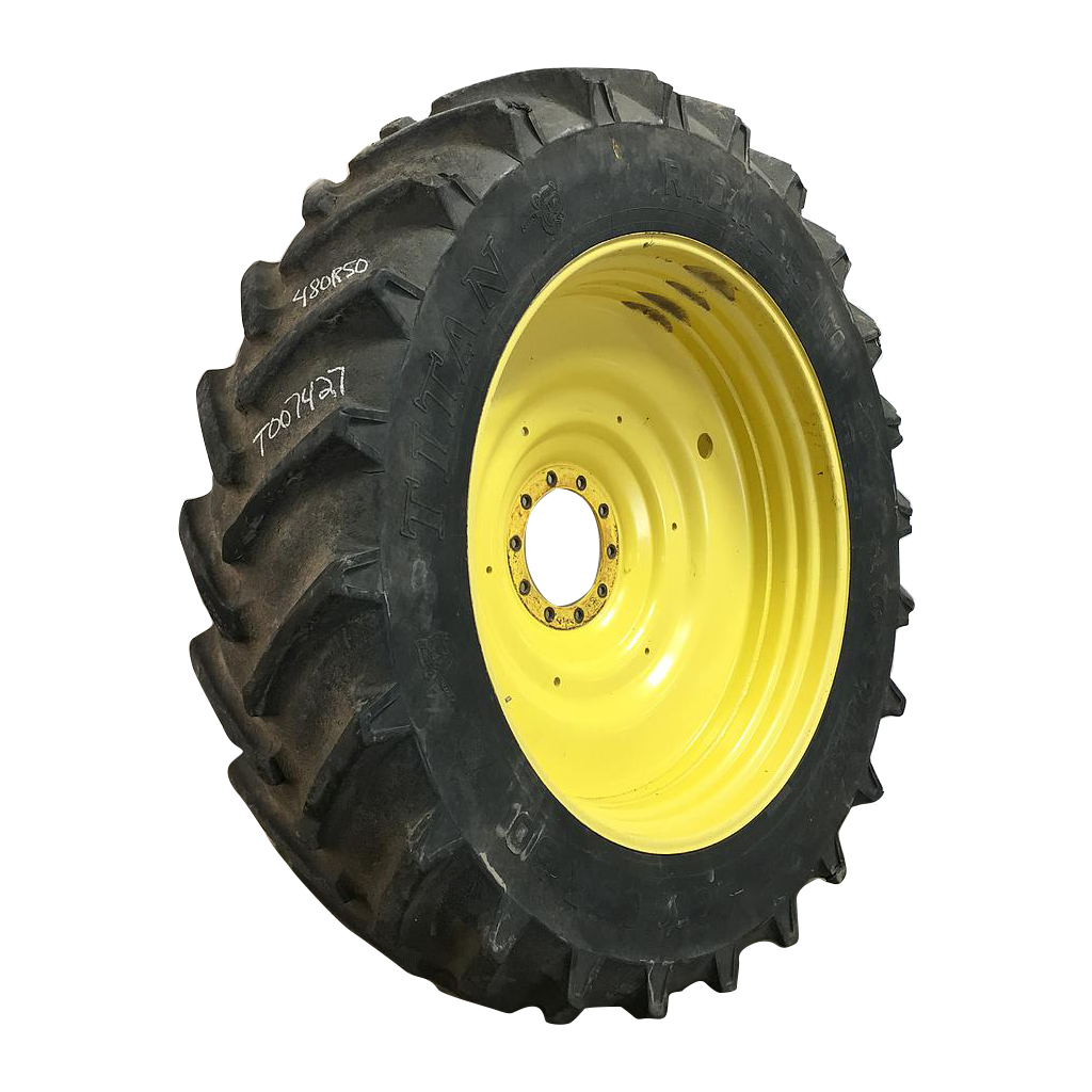 480/80R50 Titan Farm AG49M Radial R-1W on John Deere Yellow 10-Hole Formed Plate W/Weight Holes 55%