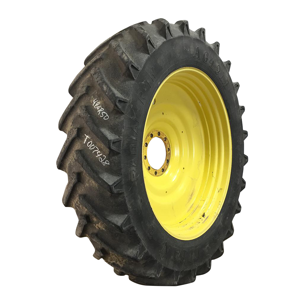 480/80R50 Titan Farm AG49M Radial R-1W on John Deere Yellow 10-Hole Formed Plate W/Weight Holes 55%
