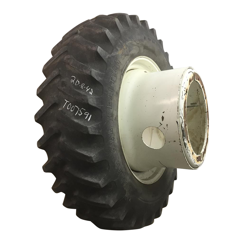 20.8/-42 Firestone Super All Traction 23 R-1 on New Holland White 16-Hole Tiger Planetary Drive Dual 80%