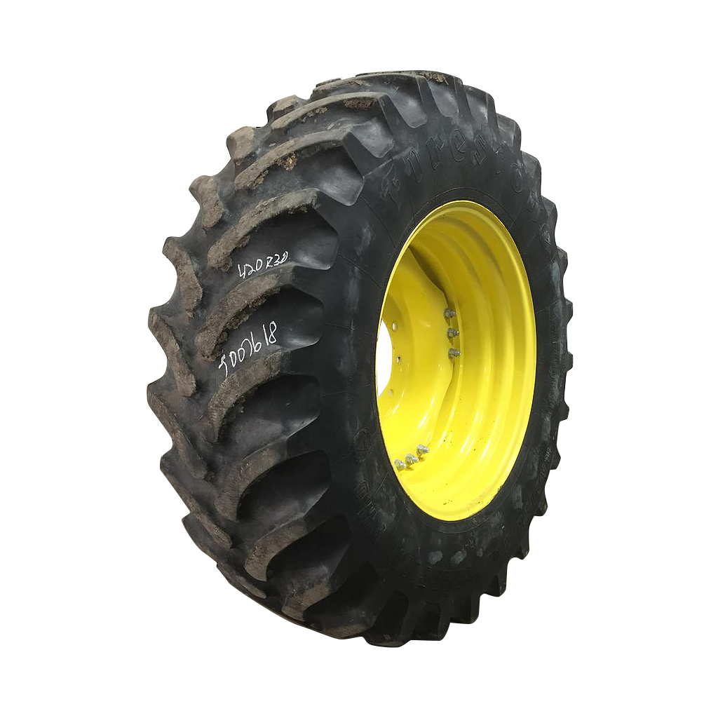 420/90R30 Firestone Radial All Traction FWD R-1 on John Deere Yellow 10-Hole Waffle Wheel (Groups of 3 bolts) 65%