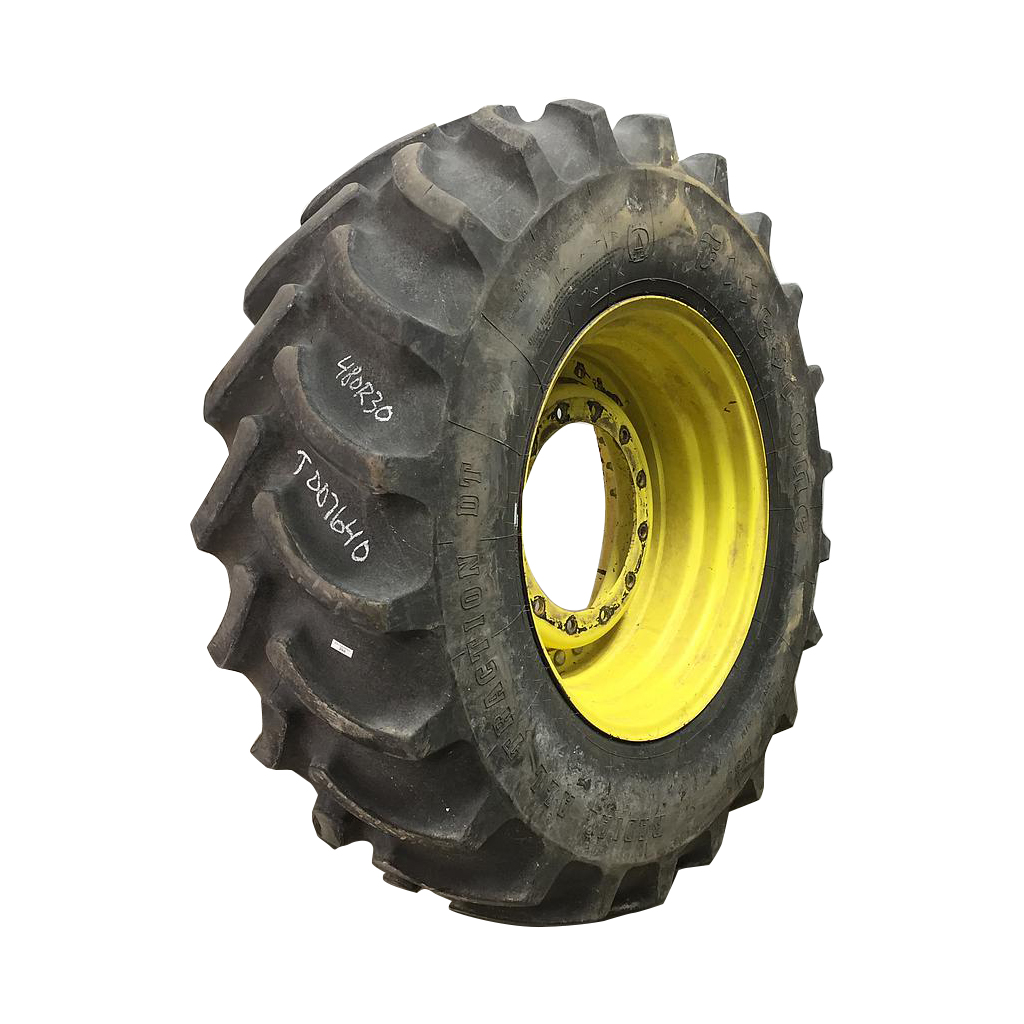 480/70R30 Firestone Radial All Traction DT R-1W on John Deere Yellow 12-Hole Waffle Wheel (Groups of 3 bolts) 90%