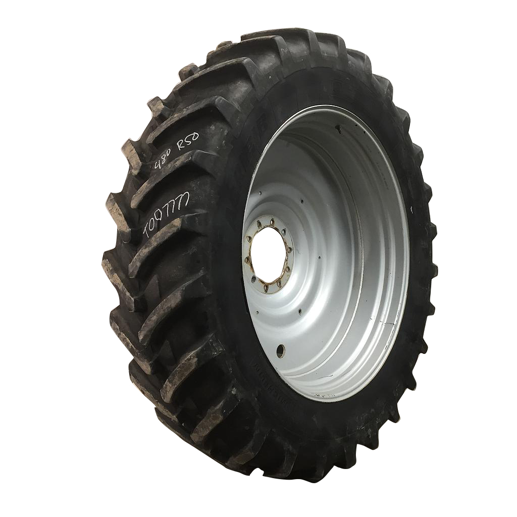 480/80R50 Michelin AgriBib R-1W on John Deere Yellow 10-Hole Formed Plate W/Weight Holes 60%
