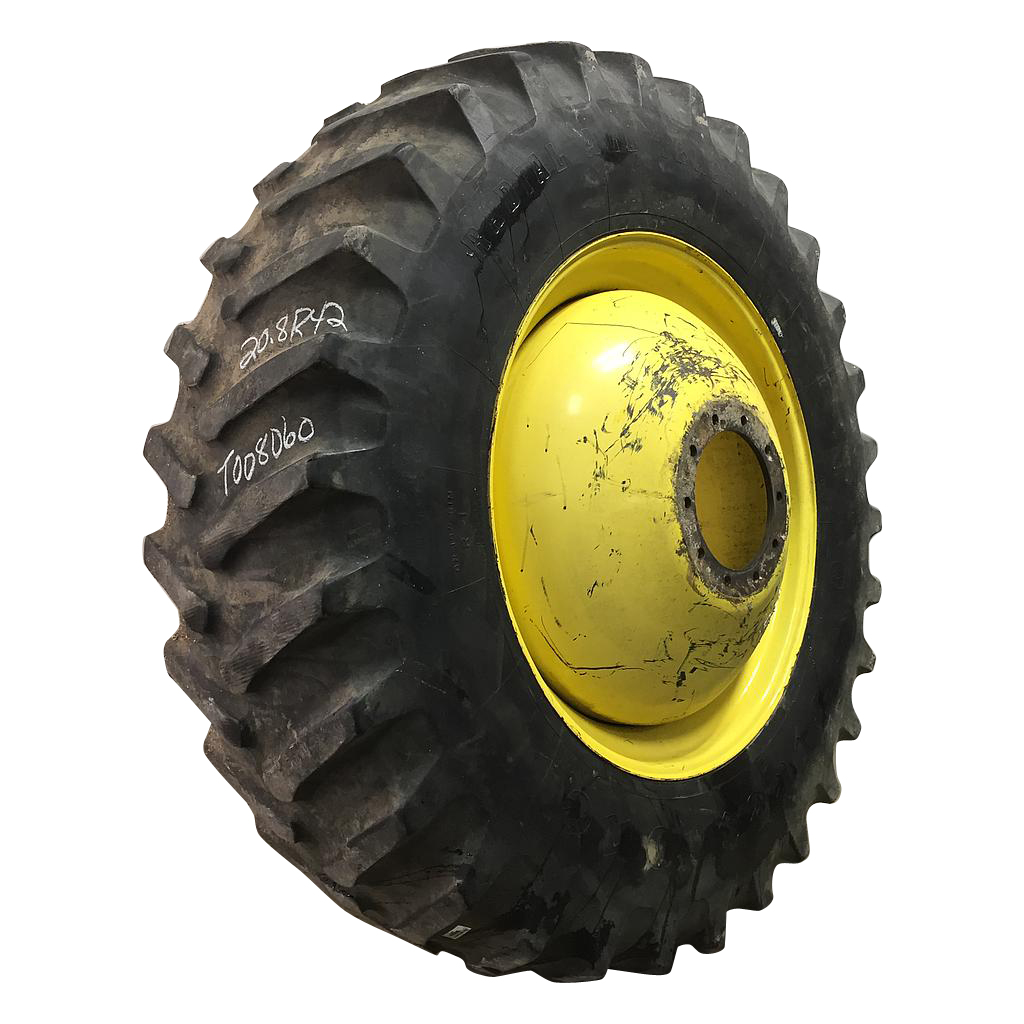 20.8/R42 Firestone Radial All Traction 23 R-1 on John Deere Yellow 10-Hole Dolly Dual 40%