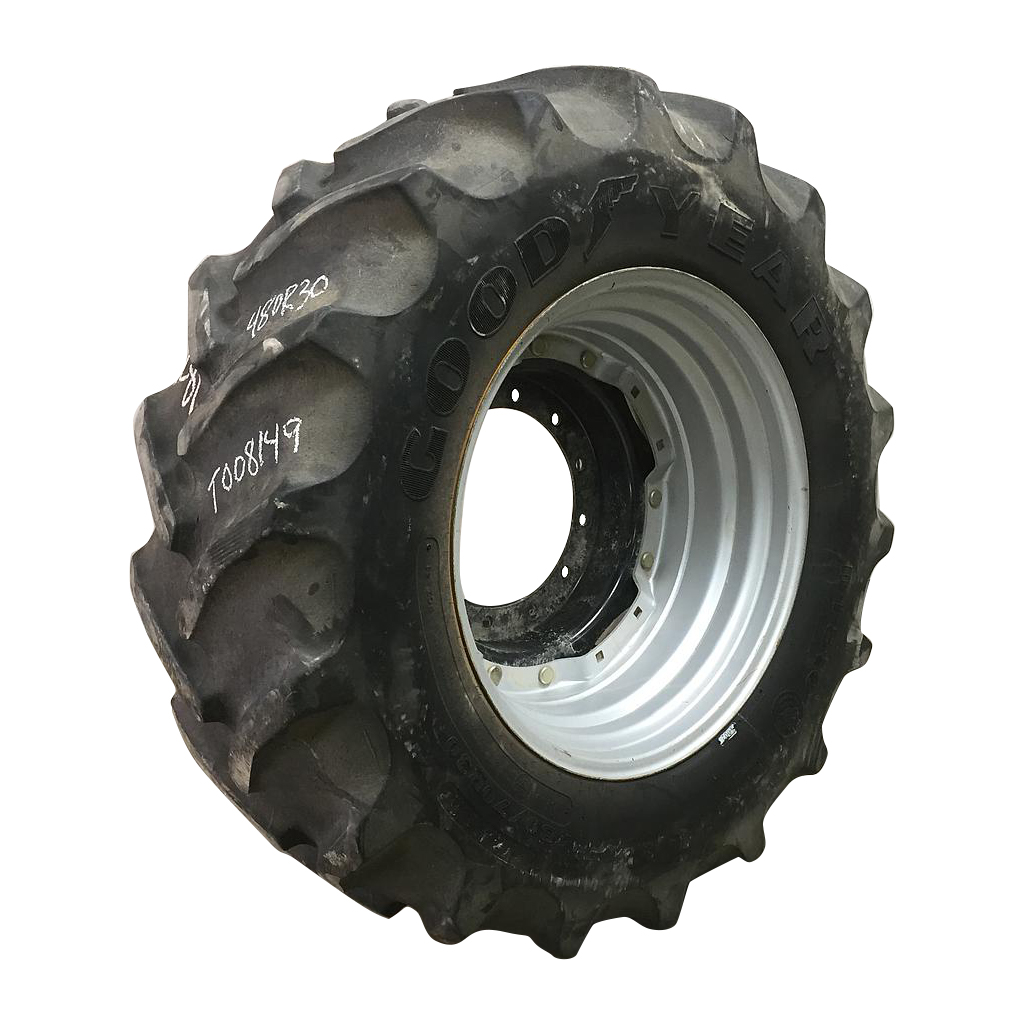 480/70R30 Goodyear Farm DT810 Super Traction R-1W on Case IH Silver Mist/Black 12-Hole Waffle Wheel (Groups of 2 bolts) 50%