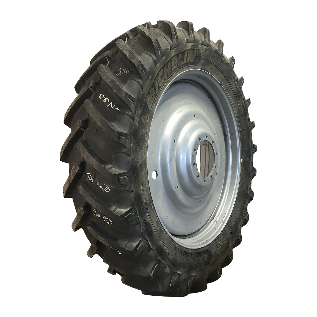 480/80R50 Michelin AgriBib 2 R-1W on Case IH Silver Mist 10-Hole Formed Plate W/Weight Holes 99%