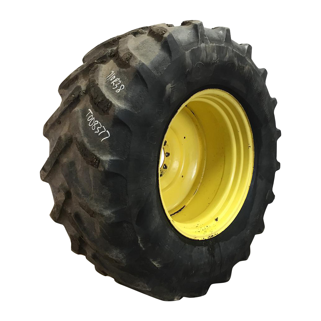710/70R38 Firestone Radial All Traction DT R-1W on John Deere Yellow 10-Hole Formed Plate W/Weight Holes 45%
