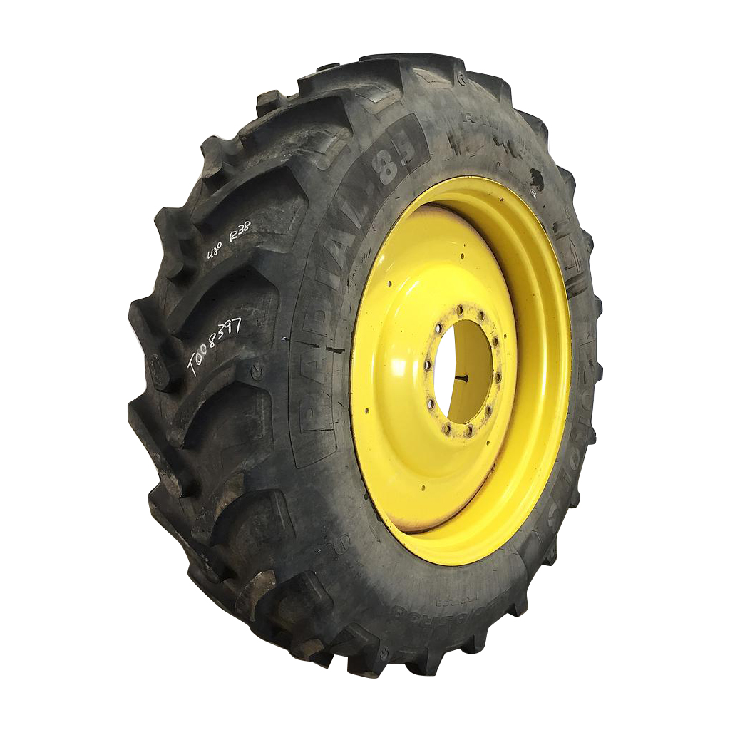 420/85R38 Cultor Radial-85 R-1W on John Deere Yellow 10-Hole Formed Plate W/Weight Holes 65%