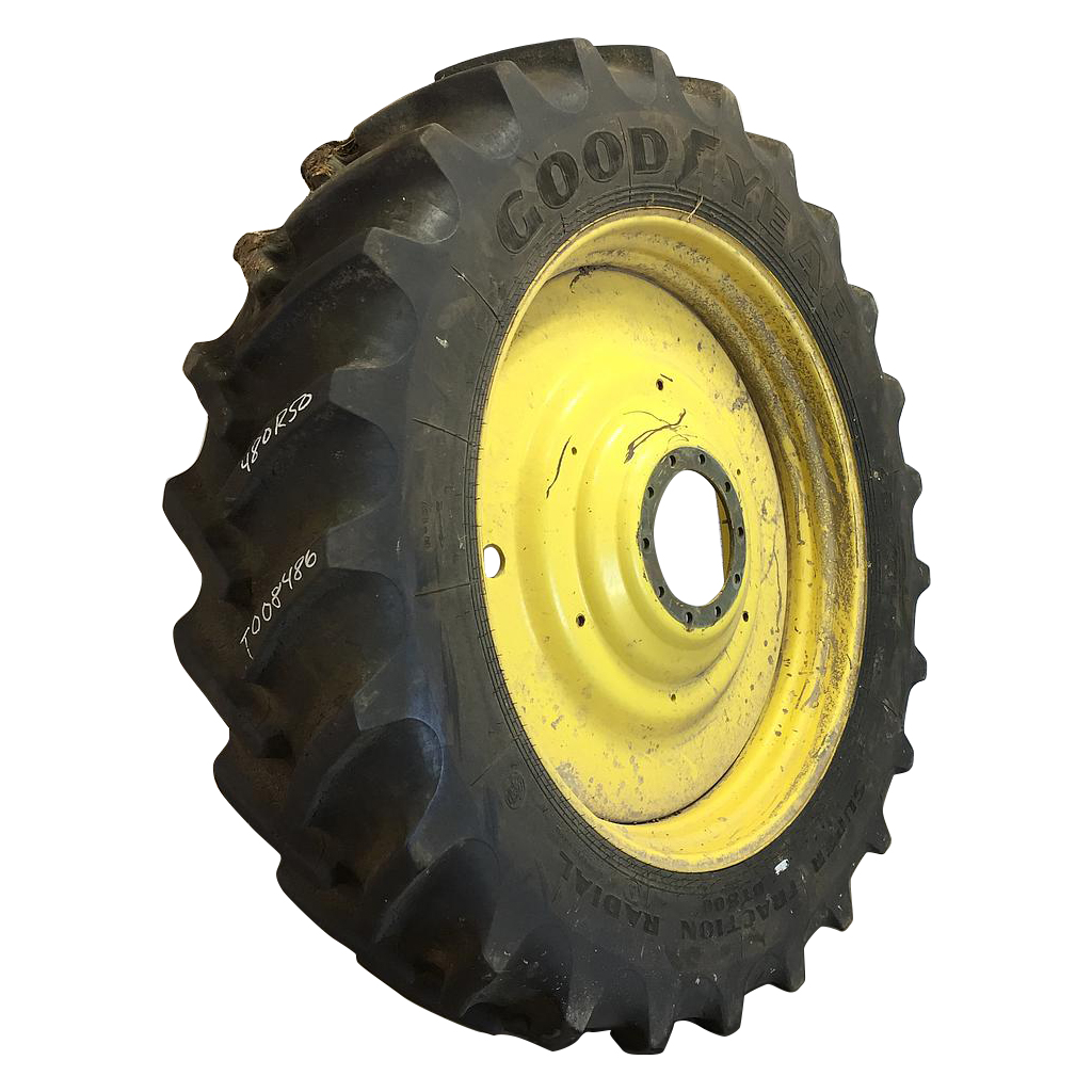 480/80R50 Goodyear Farm DT800 Super Traction R-1W on John Deere Yellow 10-Hole Formed Plate W/Weight Holes 80%
