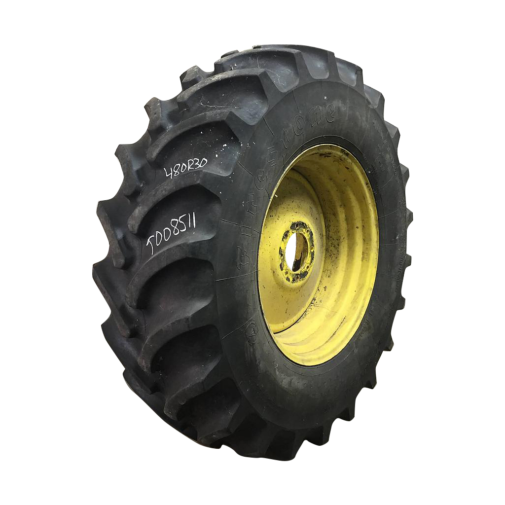 480/70R30 Firestone Radial All Traction DT R-1W on John Deere Yellow 8-Hole Formed Plate 90%