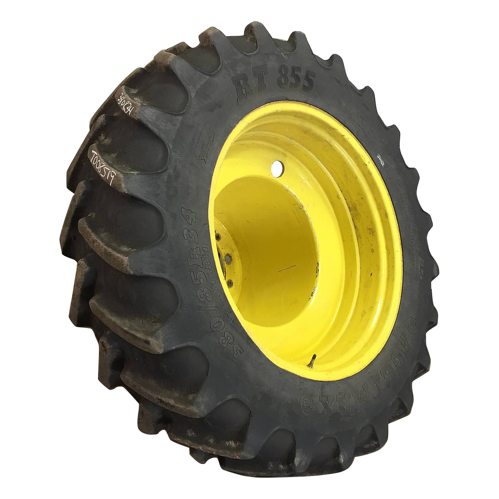380/85R34 BKT Tires Agrimax RT 855 R-1W on John Deere Yellow 12-Hole FWA Direct Bolt Dual 65%
