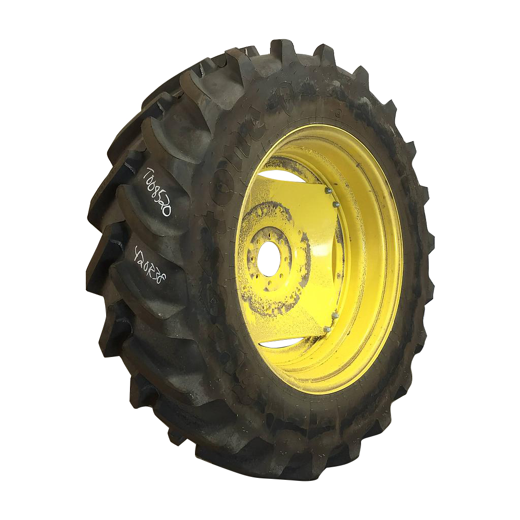 420/85R38 Firestone Performer EVO R-1W on John Deere Yellow 8-Hole Stub Disc (groups of 2 bolts) 99%