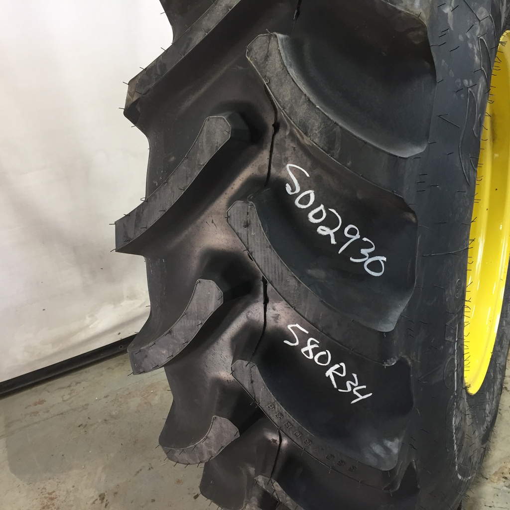 IF 580/80R34 Firestone Radial All Traction DT R-1W on John Deere Yellow 12-Hole Formed Plate 99%