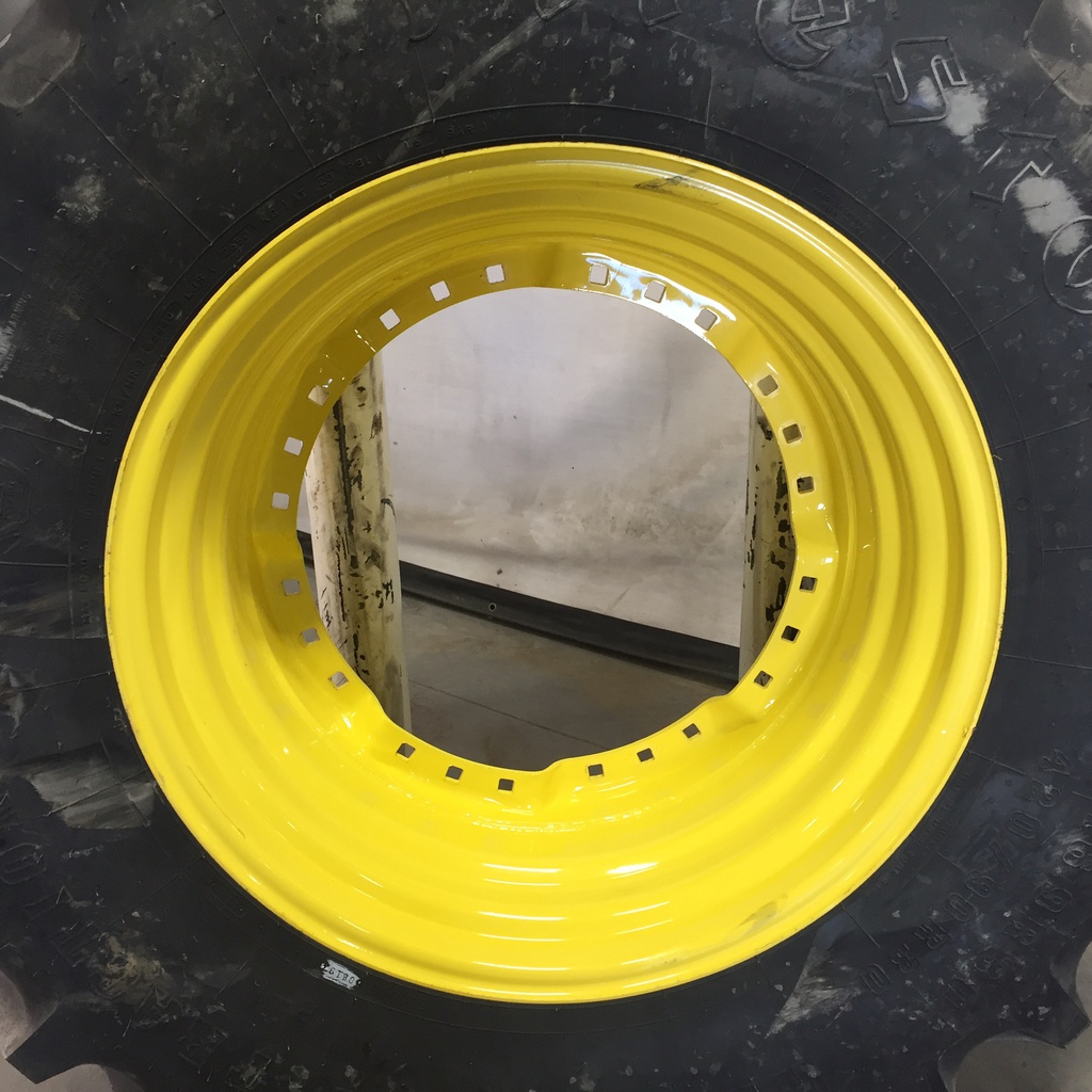 420/90R30 Firestone Radial All Traction FWD R-1 on John Deere Yellow 12-Hole Waffle Wheel (Groups of 3 bolts) 95%