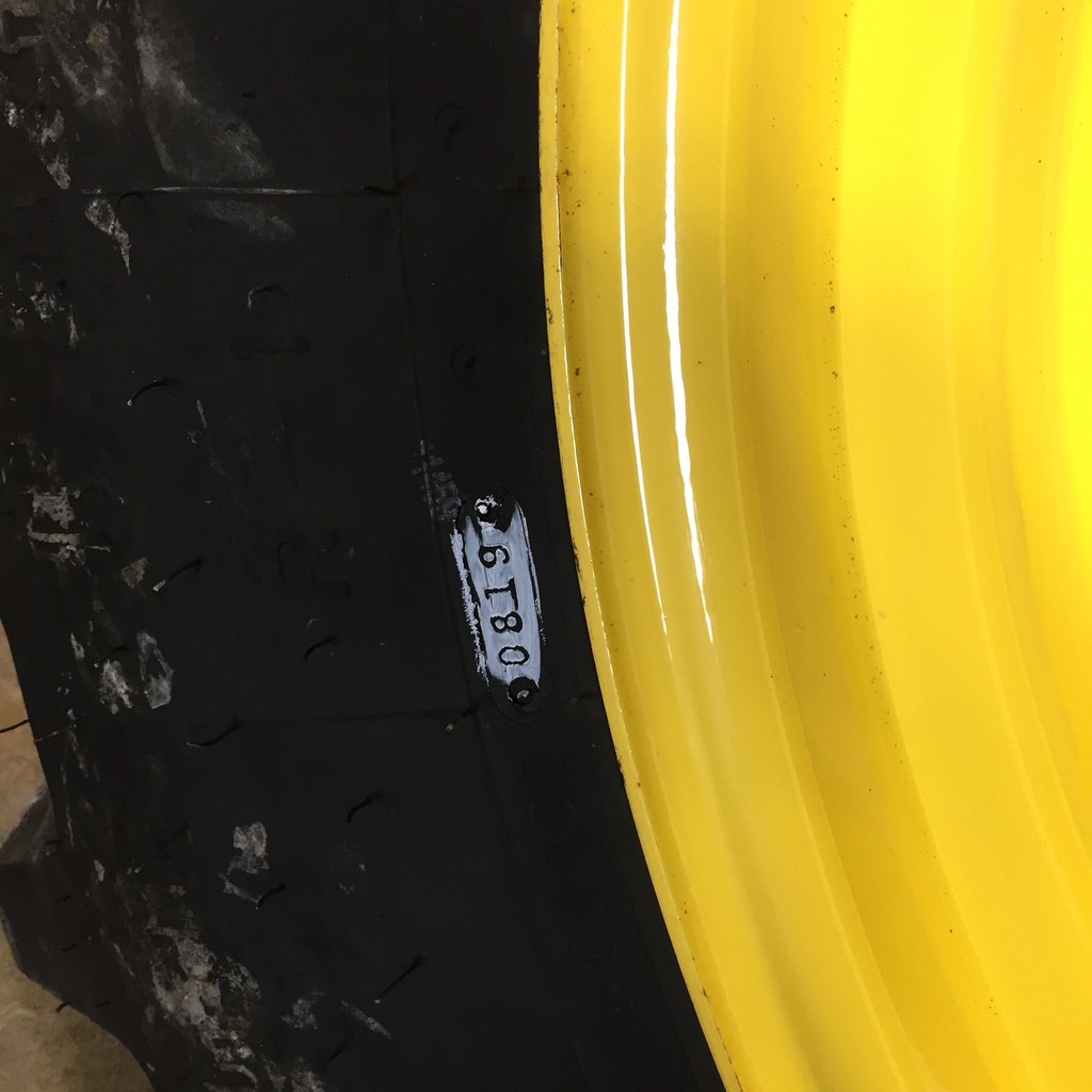 420/90R30 Firestone Radial All Traction FWD R-1 on John Deere Yellow 12-Hole Waffle Wheel (Groups of 3 bolts) 95%