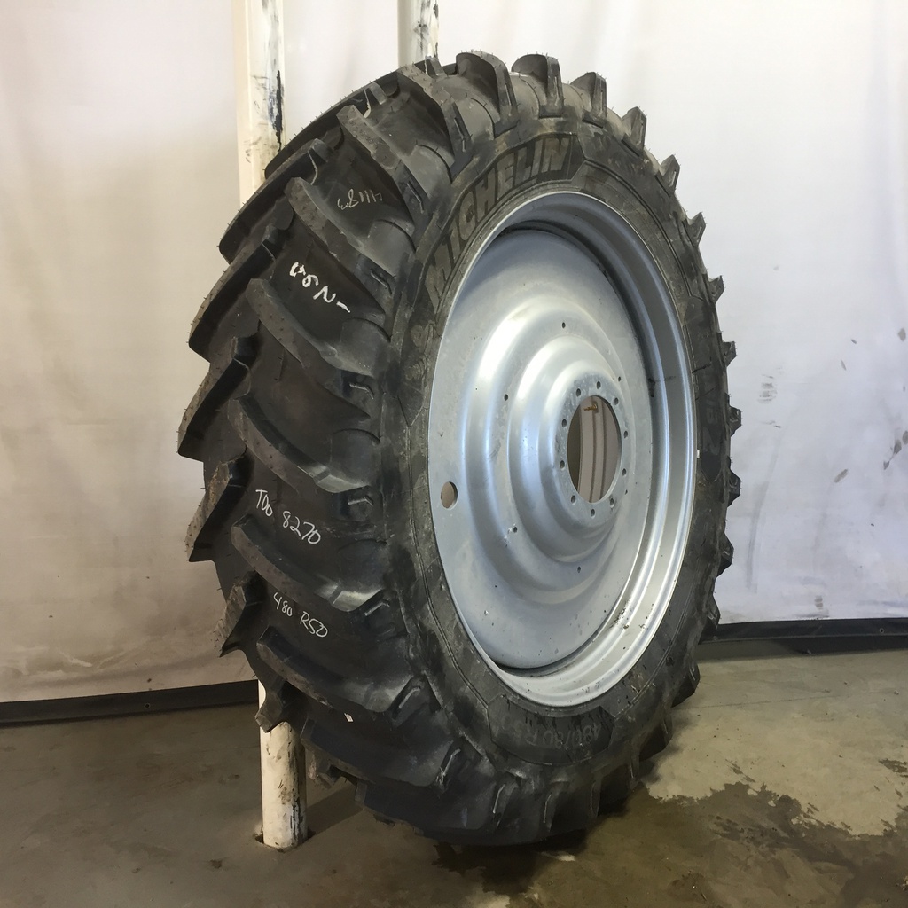 480/80R50 Michelin AgriBib 2 R-1W on Case IH Silver Mist 10-Hole Formed Plate W/Weight Holes 99%