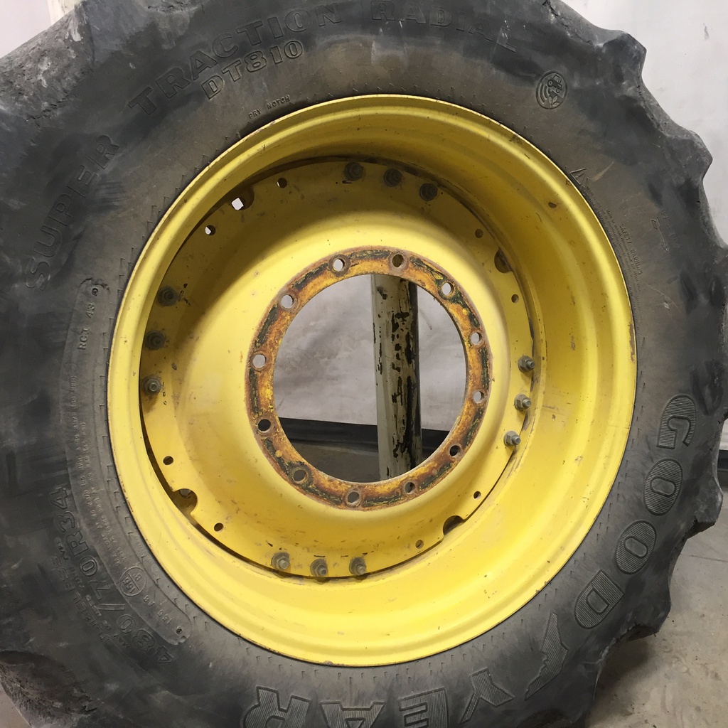 480/70R34 Goodyear Farm DT810 Super Traction R-1W on John Deere Yellow 12-Hole Waffle Wheel (Groups of 3 bolts) 20%