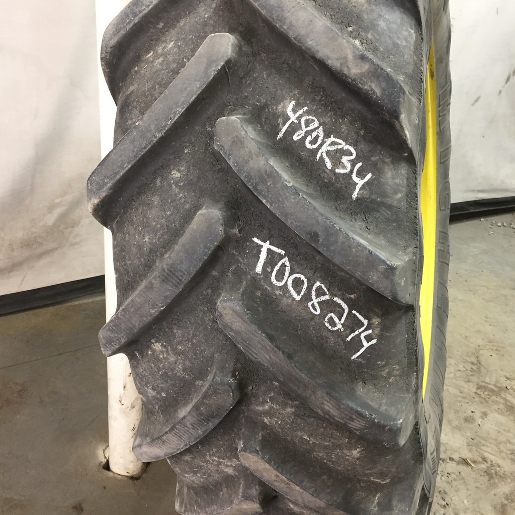 480/70R34 Michelin OmniBib R-1W on John Deere Yellow 10-Hole Waffle Wheel (Groups of 3 bolts) 60%