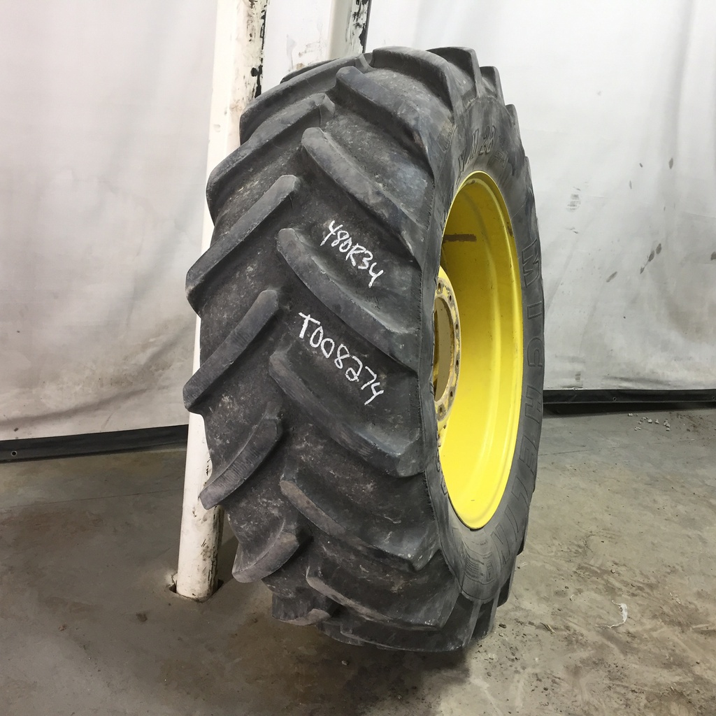 480/70R34 Michelin OmniBib R-1W on John Deere Yellow 10-Hole Waffle Wheel (Groups of 3 bolts) 60%