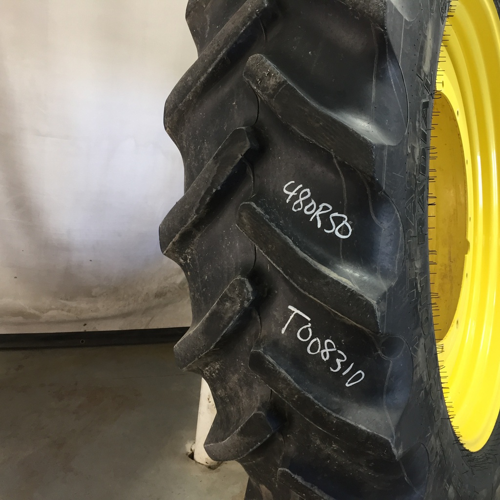 480/80R50 Goodyear Farm DT800 Super Traction R-1W on John Deere Yellow 12-Hole Stub Disc 80%