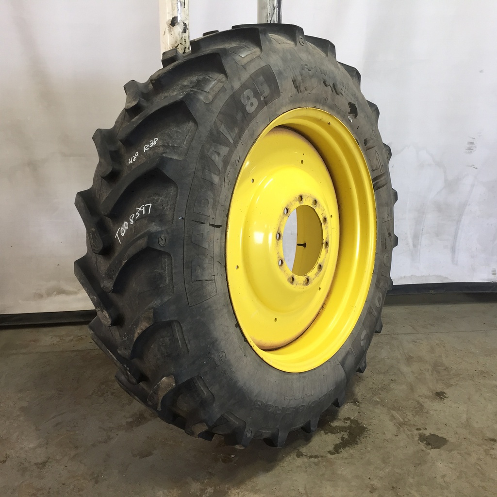 420/85R38 Cultor Radial-85 R-1W on John Deere Yellow 10-Hole Formed Plate W/Weight Holes 65%