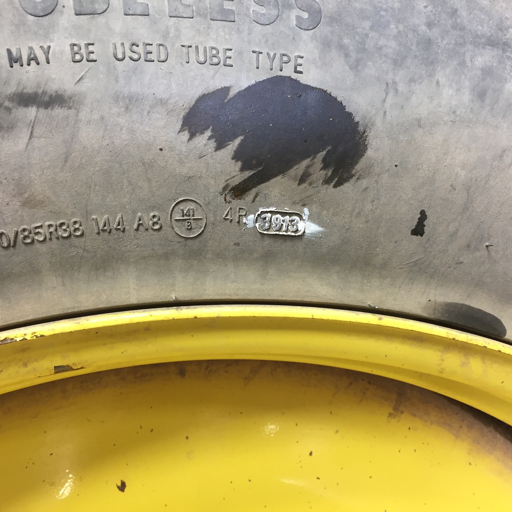 420/85R38 Cultor Radial-85 R-1W on John Deere Yellow 10-Hole Formed Plate W/Weight Holes 65%