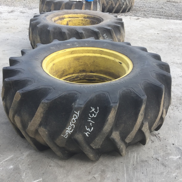 23.1/-34 Firestone Traction Field & Road R-1 on John Deere Yellow 0-Hole Flat Base Deep Drop Ag 20%