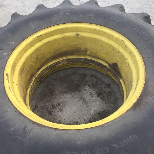 23.1/-34 Firestone Traction Field & Road R-1 on John Deere Yellow 0-Hole Flat Base Deep Drop Ag 20%