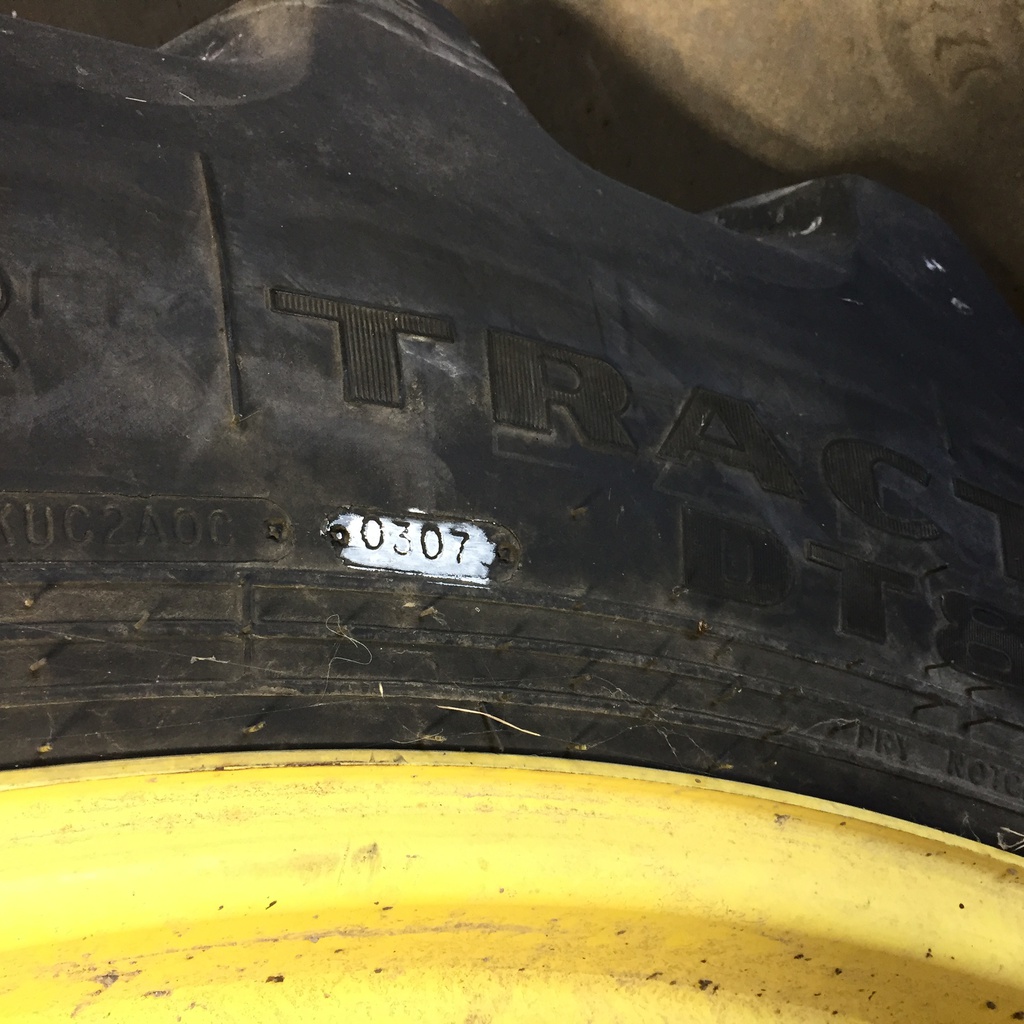 480/80R50 Goodyear Farm DT800 Super Traction R-1W on John Deere Yellow 10-Hole Formed Plate W/Weight Holes 80%