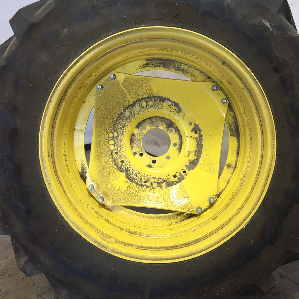 420/85R38 Firestone Performer EVO R-1W on John Deere Yellow 8-Hole Stub Disc (groups of 2 bolts) 99%