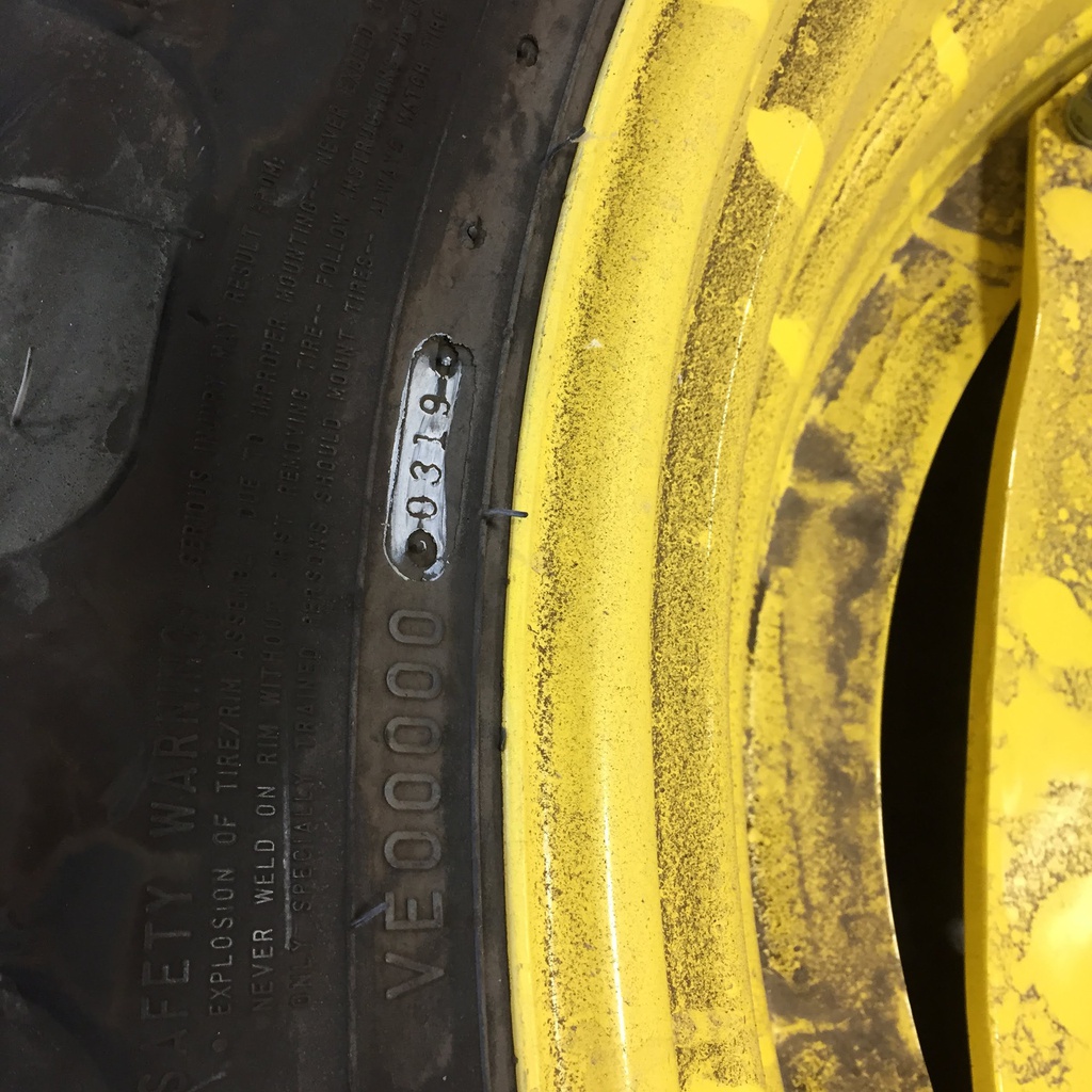 420/85R38 Firestone Performer EVO R-1W on John Deere Yellow 8-Hole Stub Disc (groups of 2 bolts) 99%