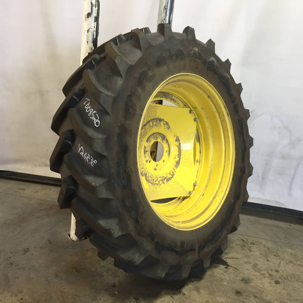 420/85R38 Firestone Performer EVO R-1W on John Deere Yellow 8-Hole Stub Disc (groups of 2 bolts) 99%