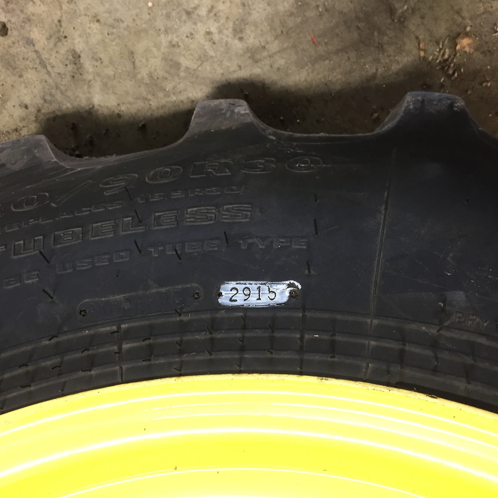 420/90R30 Goodyear Farm UltraTorque Radial R-1 on John Deere Yellow 10-Hole Waffle Wheel (Groups of 3 bolts) 75%