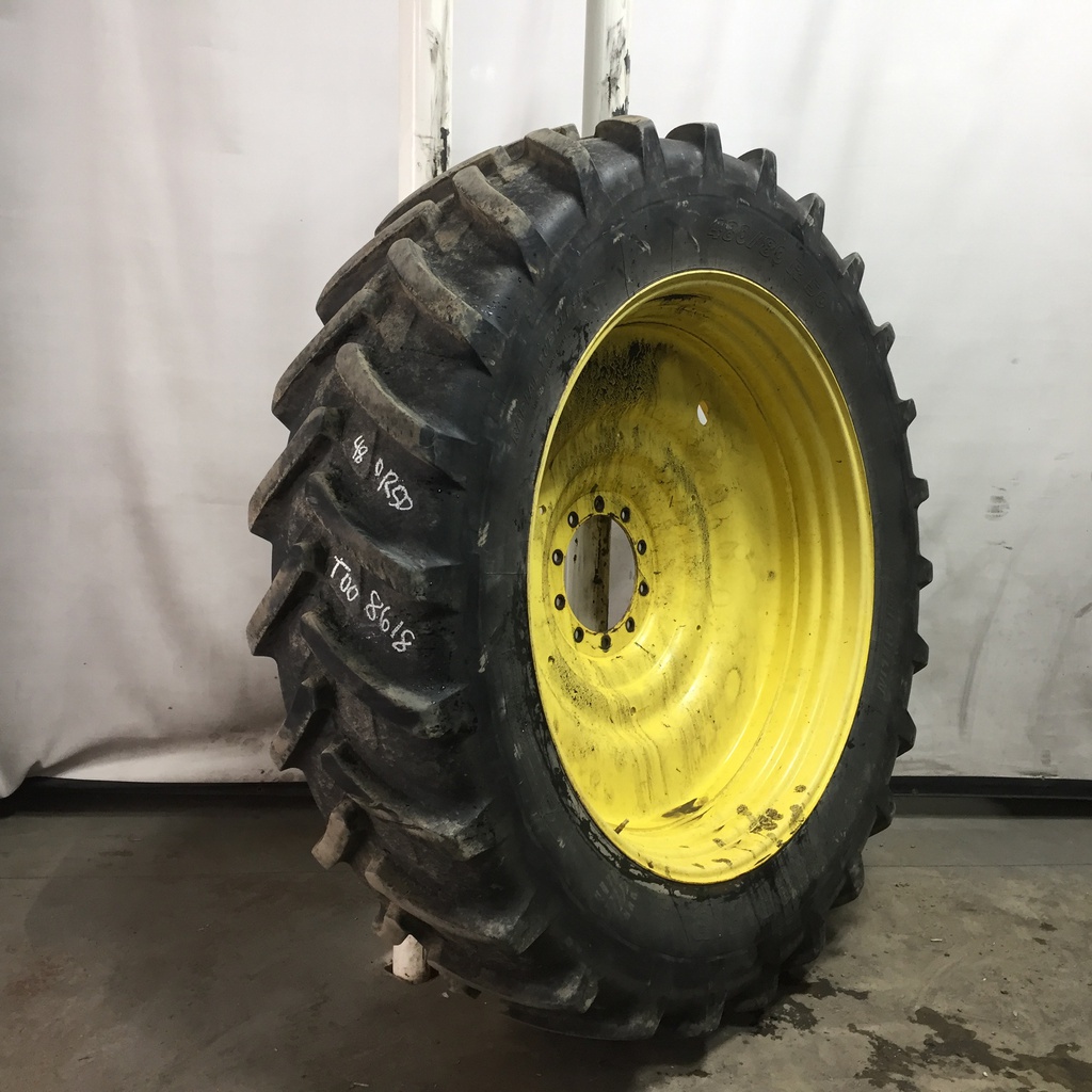 480/80R50 Michelin AgriBib R-1W on John Deere Yellow 10-Hole Formed Plate W/Weight Holes 75%