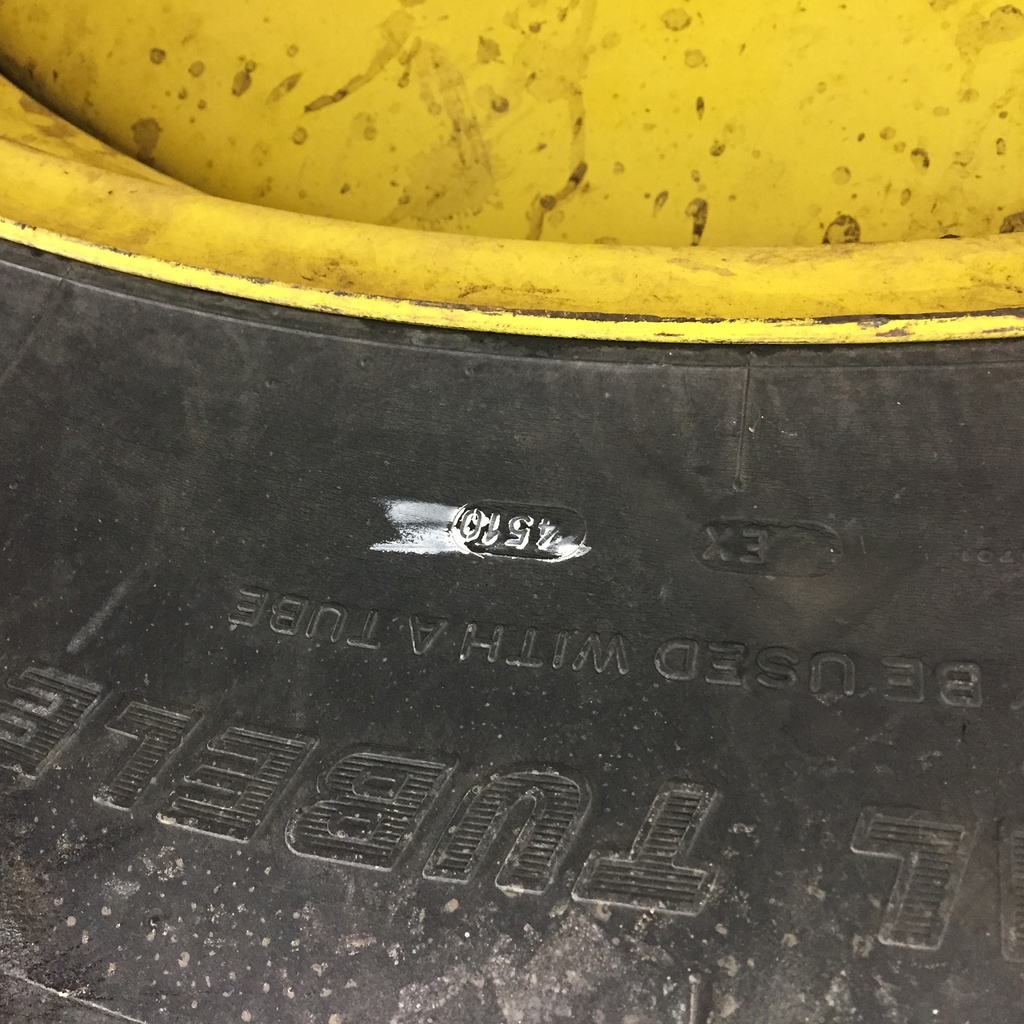 480/80R50 Michelin AgriBib R-1W on John Deere Yellow 10-Hole Formed Plate W/Weight Holes 75%