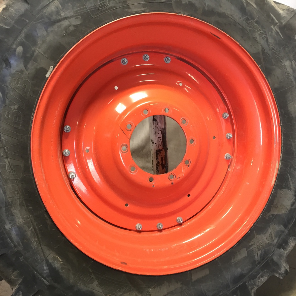 480/80R42 Michelin AgriBib R-1W on Kubota Orange 10-Hole Waffle Wheel (Groups of 3 bolts) 95%