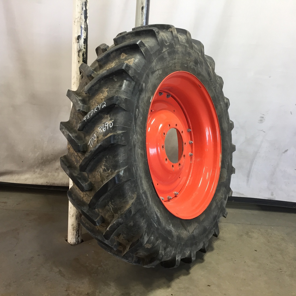 480/80R42 Michelin AgriBib R-1W on Kubota Orange 10-Hole Waffle Wheel (Groups of 3 bolts) 95%